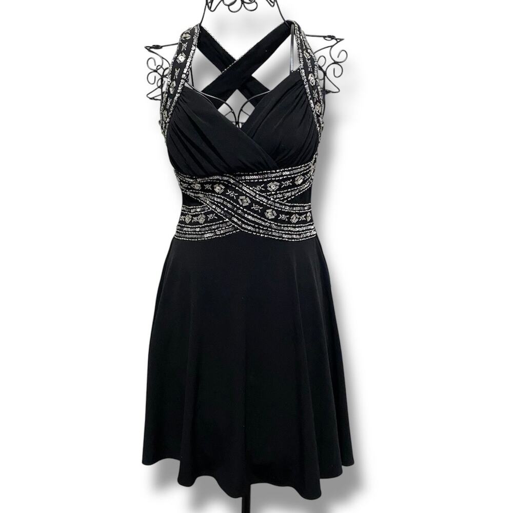 HAILEY LOGAN  Adrianna Papell Black Cocktail Dress SIZE SMALL Mini Length Halter